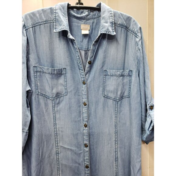 CHICO'S Women's Chambray Maxi Dress Denim Blue Half Sleeve Size 14 100% TENCEL - Picture 6 of 9